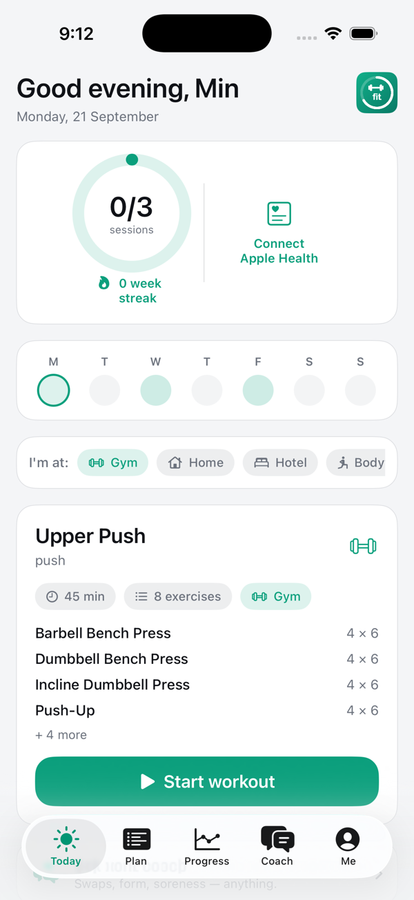 Today screen with the weekly ring and today's session