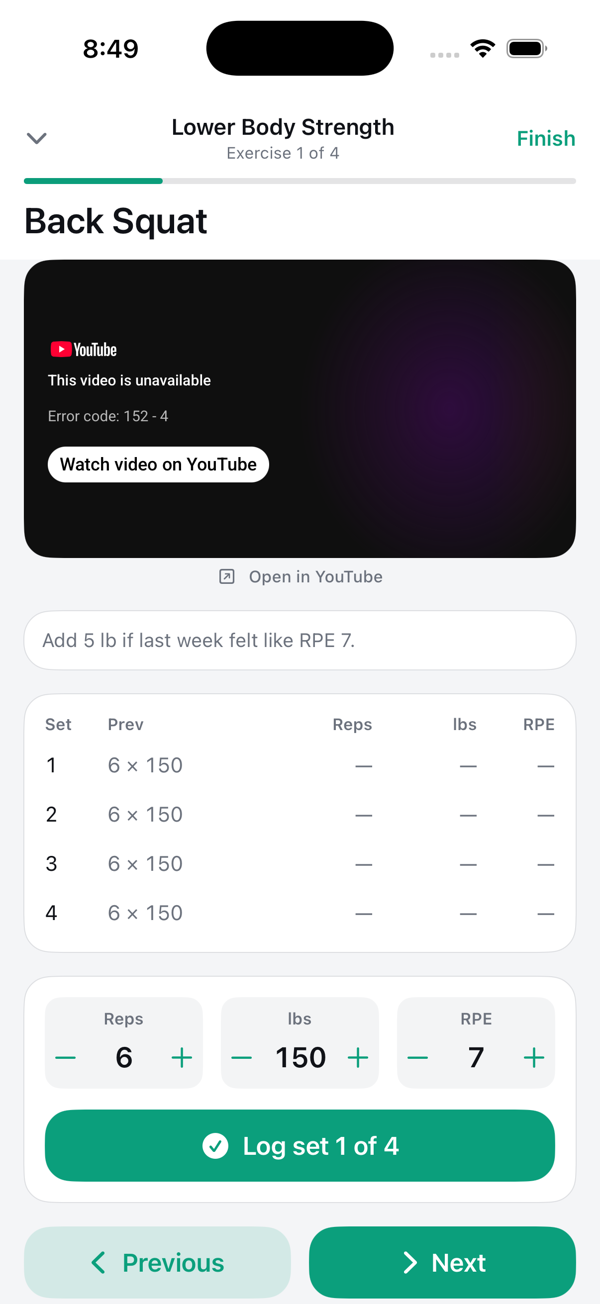 Live workout with set logging and rest timer